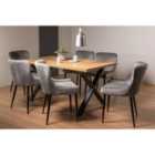 Rimi Rustic Oak Effect Melamine 6 Seater Dining Table With X Leg & 6 Cezanne Grey Velvet Fabric Chairs With Black Legs