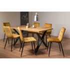 Rimi Rustic Oak Effect Melamine 6 Seater Dining Table With X Leg & 6 Mondrian Mustard Velvet Fabric Chairs With Black Legs