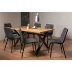 Rimi Rustic Oak Effect Melamine 6 Seater Dining Table With X Leg & 6 Mondrian Dark Grey Faux Leather Chairs With Black Legs