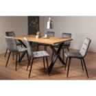Rimi Rustic Oak Effect Melamine 6 Seater Dining Table With X Leg & 6 Mondrian Grey Velvet Fabric Chairs With Black Legs