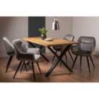 Rimi Rustic Oak Effect Melamine 6 Seater Dining Table With X Leg & 4 Dali Grey Velvet Fabric Chairs With Black Legs