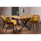 Rimi Rustic Oak Effect Melamine 6 Seater Dining Table With X Leg & 4 Dali Mustard Velvet Fabric Chairs With Black Legs