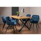 Rimi Rustic Oak Effect Melamine 6 Seater Dining Table With X Leg & 4 Dali Petrol Blue Velvet Fabric Chairs With Black Legs