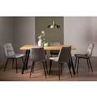 Rimi Rustic Oak Effect Melamine 6 Seater Dining Table With 4 Legs & 6 Mondrian Grey Velvet Fabric Chairs With Black Legs