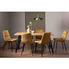 Rimi Rustic Oak Effect Melamine 6 Seater Dining Table With 4 Legs & 6 Mondrian Mustard Velvet Fabric Chairs With Black Legs