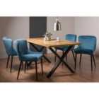 Rimi Rustic Oak Effect Melamine 6 Seater Dining Table With X Leg & 4 Cezanne Petrol Blue Velvet Fabric Chairs With Black Legs