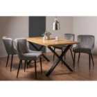 Rimi Rustic Oak Effect Melamine 6 Seater Dining Table With X Leg & 4 Cezanne Grey Velvet Fabric Chairs With Black Legs