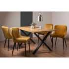 Rimi Rustic Oak Effect Melamine 6 Seater Dining Table With X Leg & 4 Cezanne Mustard Velvet Fabric Chairs With Black Legs