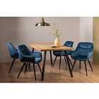 Rimi Rustic Oak Effect Melamine 6 Seater Dining Table With 4 Legs & 4 Dali Petrol Blue Velvet Fabric Chairs With Black Legs