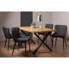Rimi Rustic Oak Effect Melamine 6 Seater Dining Table With X Leg & 4 Cezanne Dark Grey Faux Leather Chairs With Black Legs