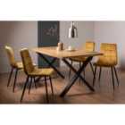 Rimi Rustic Oak Effect Melamine 6 Seater Dining Table With X Leg & 4 Mondrian Mustard Velvet Fabric Chairs With Black Legs