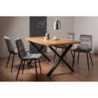 Rimi Rustic Oak Effect Melamine 6 Seater Dining Table With X Leg & 4 Mondrian Grey Velvet Fabric Chairs With Black Legs