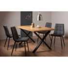 Rimi Rustic Oak Effect Melamine 6 Seater Dining Table With X Leg & 4 Mondrian Dark Grey Faux Leather Chairs With Black Legs