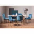 Tuska Scandi Oak 6 Seater Dining Table & 6 Eriksen Petrol Blue Velvet Fabric Chairs With Grey Rustic Oak Effect Legs