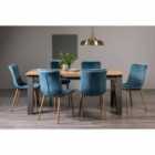 Cookham Scandi Oak 6-8 Seater Dining Table With Dark Grey Legs & 6 Eriksen Petrol Blue Velvet Fabric Chairs With Grey Rustic Oak Effect Legs