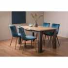 Cookham Scandi Oak 4-6 Seater Dining Table With Dark Grey Legs & 4 Eriksen Petrol Blue Velvet Fabric Chairs With Grey Rustic Oak Effect Legs