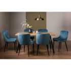 Rimi Rustic Oak Effect Melamine 6 Seater Dining Table With 4 Legs & 6 Cezanne Petrol Blue Velvet Fabric Chairs Black Legs