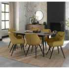 Rhoka Weathered Oak 6 Seater Dining Table With Peppercorn Legs & 6 Dali Mustard Velvet Fabric Chairs With Black Legs