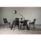 Trent Grey Painted Tempered Glass 6 Seater Dining Table & 6 Fontana Dark Grey Faux Suede Fabric Chairs On Black Legs