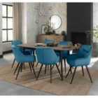 Rhoka Weathered Oak 6 Seater Dining Table With Peppercorn Legs & 6 Dali Petrol Blue Velvet Fabric Chairs With Black Legs