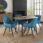 Rhoka Weathered Oak 4 Seater Dining Table With Peppercorn Legs & 4 Dali Petrol Blue Velvet Fabric Chairs With Black Legs
