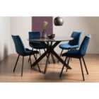 Trent Grey Painted Tempered Glass 4 Seater Dining Table & 4 Fontana Blue Velvet Fabric Chairs On Black Legs