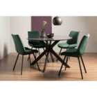 Trent Grey Painted Tempered Glass 4 Seater Dining Table & 4 Fontana Green Velvet Fabric Chairs On Black Legs