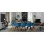 Rhoka Weathered Oak 6-8 Seater Dining Table With Peppercorn Legs & 8 Dali Petrol Blue Velvet Fabric Chairs With Black Legs