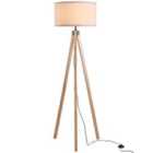 HOMCOM Wood Tripod Floor Lamp Home Lighting Elegant E27 Bulb Linen Shade Beige