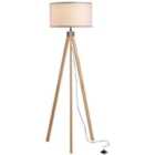HOMCOM Wood Tripod Floor Lamp Home Lighting Elegant E27 Bulb Linen Shade Grey