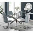 Furniture Box Vogue Large Round Chrome Metal Furniture Box Clear Glass Dining Table And 4 x Elephant Grey Lorenzo Dining Chairs Set