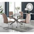 Furniture Box Vogue Large Round Chrome Metal Furniture Box Clear Glass Dining Table And 4 x Cappuccino Grey Lorenzo Dining Chairs Set