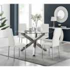 Furniture Box Vogue Large Round Chrome Metal Furniture Box Clear Glass Dining Table And 4 x White Milan Dining Chairs Set