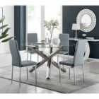 Furniture Box Vogue Large Round Chrome Metal Furniture Box Clear Glass Dining Table And 4 x Grey Milan Dining Chairs Set