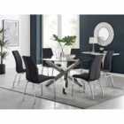Furniture Box Vogue Large Round Chrome Metal Furniture Box Clear Glass Dining Table And 6 x Black Isco Dining Chairs Set