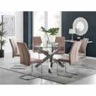 Furniture Box Vogue Large Round Chrome Metal Furniture Box Clear Glass Dining Table And 6 x Cappuccino Grey Lorenzo Dining Chairs Set