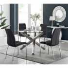 Furniture Box Vogue Large Round Chrome Metal Furniture Box Clear Glass Dining Table And 4 x Black Isco Dining Chairs Set
