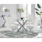 Furniture Box Selina Round Glass And Chrome Metal Dining Table And 4 x White Lorenzo Chairs Set