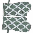 Penguin Home® Patterned Diamond Sage Pair Of Oven Gloves - 100% Cotton (set Of 2 Gauntlets)