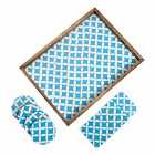 Penguin Home® Set Of Serving Tray And Matching Coasters - Aqua Blue And White Diamond Design