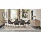 Tuska Scandi Oak 6-8 Dining Table & 6 Upholstered Chairs - Cold Steel Fabric