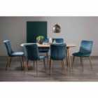 Tuska Scandi Oak 6-8 Seater Dining Table & 6 Eriksen Petrol Blue Velvet Fabric Chairs With Grey Rustic Oak Effect Legs