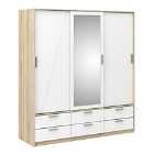 Wardrobe 3 Doors 6 Drawers In Oak Effect With White High Gloss