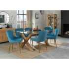 Cannes Clear Glass 6 Seater Dining Table & 6 Cezanne Petrol Blue Velvet Fabric Chairs With Matt Gold Plated Legs