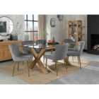 Cannes Clear Glass 6 Seater Dining Table With Light Oak Legs & 6 Cezanne Grey Velvet Fabric Chairs With Matt Gold Plated Legs
