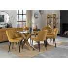 Cannes Clear Glass 6 Seater Dining Table & 6 Cezanne Mustard Velvet Fabric Chairs With Black Legs