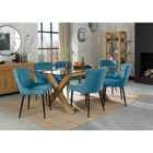 Cannes Clear Glass 6 Seater Dining Table & 6 Cezanne Petrol Blue Velvet Fabric Chairs