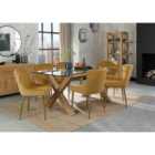 Cannes Clear Glass 6 Seater Dining Table With Light Oak Legs & 6 Cezanne Mustard Velvet Fabric Chairs With Matt Gold Plated Legs