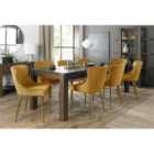 Cannes Dark Oak 8-10 Seater Dining Table & 8 Cezanne Mustard Velvet Fabric Chairs Gold Plated Legs