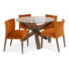 Cannes Dark Oak Circular Glass Table & 4 Low Back Upholstered Chairs - Harvet Pumpkin Velvet Fabric
